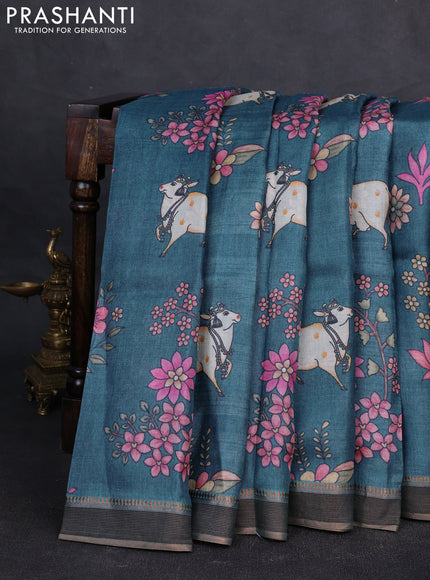 Pure tussar silk saree blue with allover pichwai prints and woven border