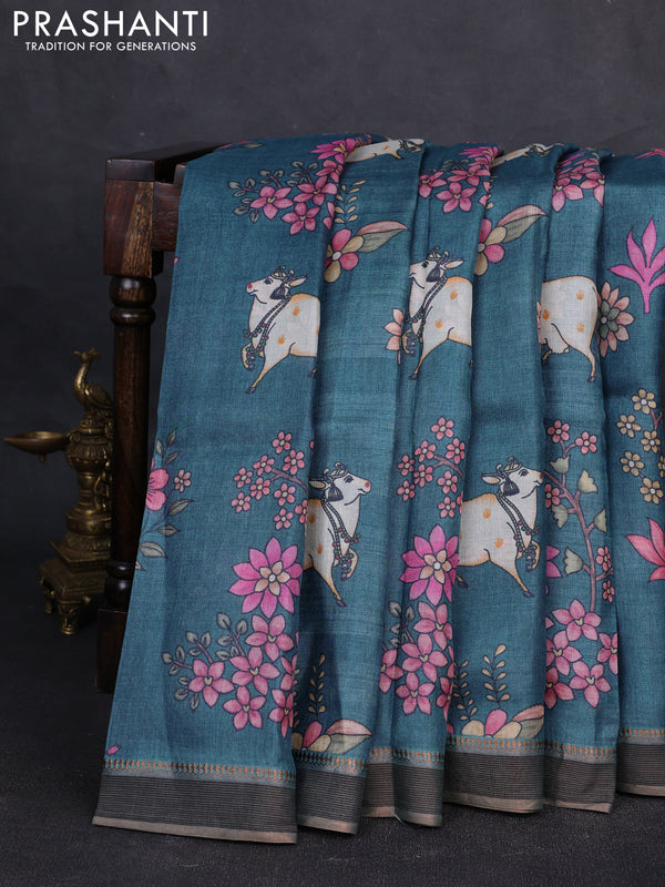 Pure tussar silk saree blue with allover pichwai prints and woven border