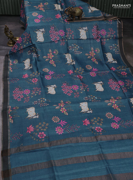 Pure tussar silk saree blue with allover pichwai prints and woven border
