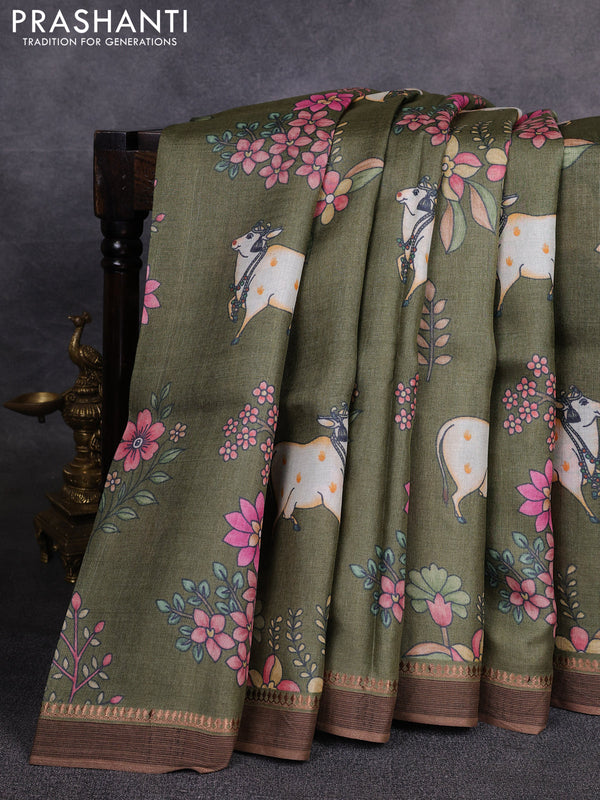 Pure tussar silk saree sap green with allover pichwai prints and woven border