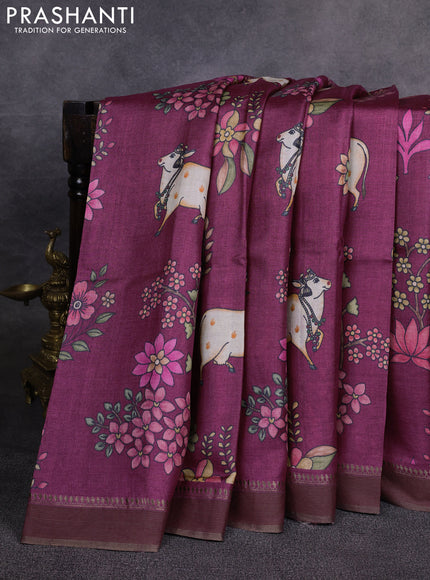 Pure tussar silk saree wine shade with allover pichwai prints and woven border