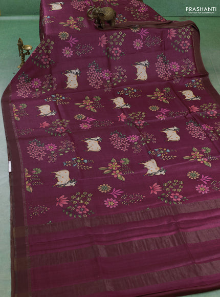 Pure tussar silk saree wine shade with allover pichwai prints and woven border