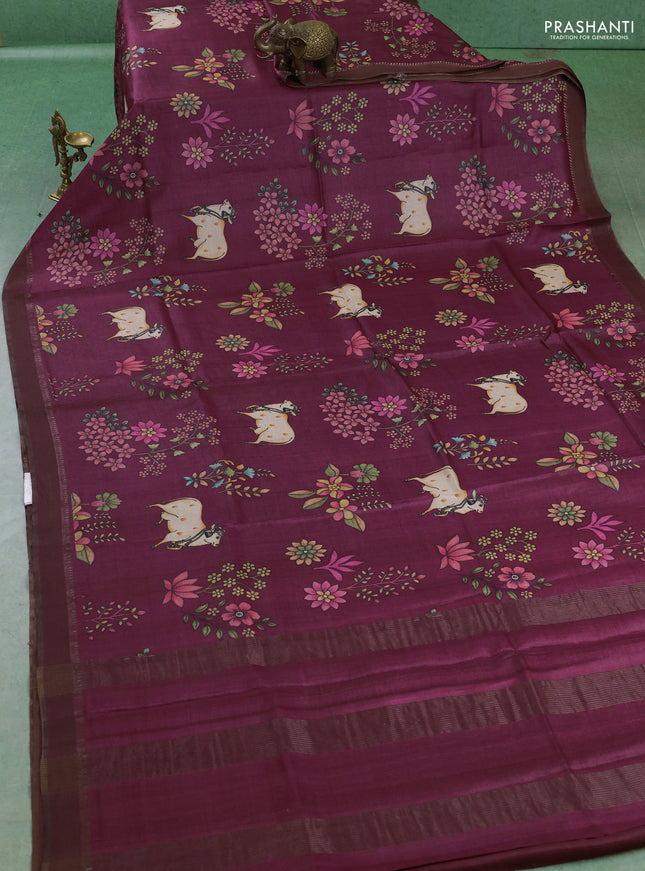 Pure tussar silk saree wine shade with allover pichwai prints and woven border