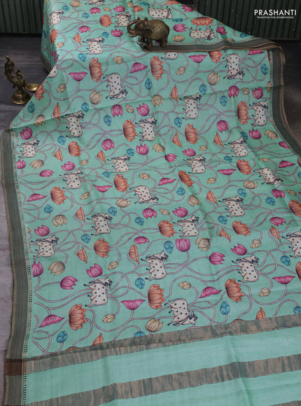 Pure tussar silk saree teal blue with allover pichwai prints and woven border