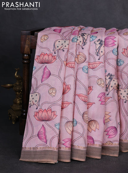 Pure tussar silk saree pastel pink with allover pichwai prints and woven border