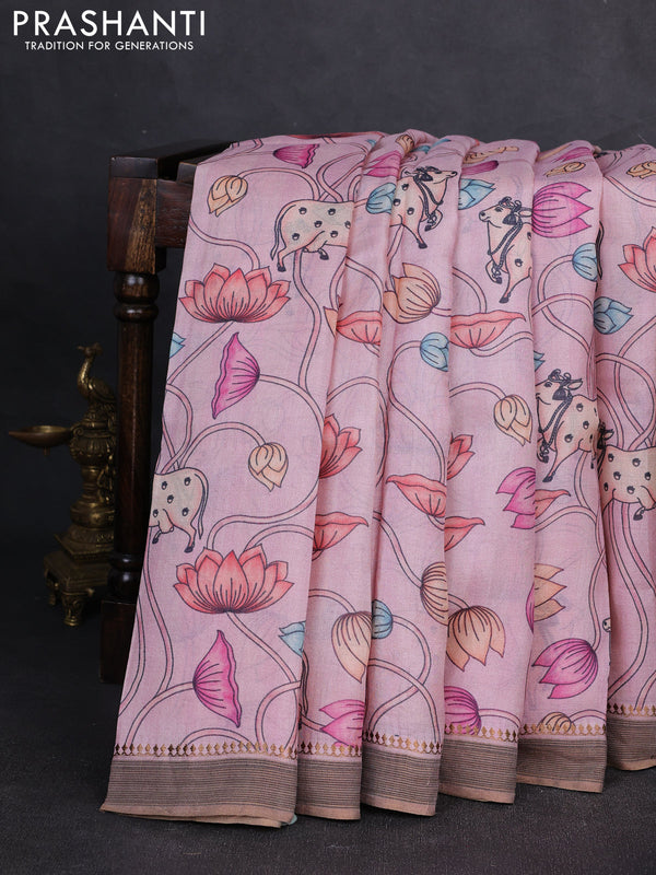 Pure tussar silk saree pastel pink with allover pichwai prints and woven border