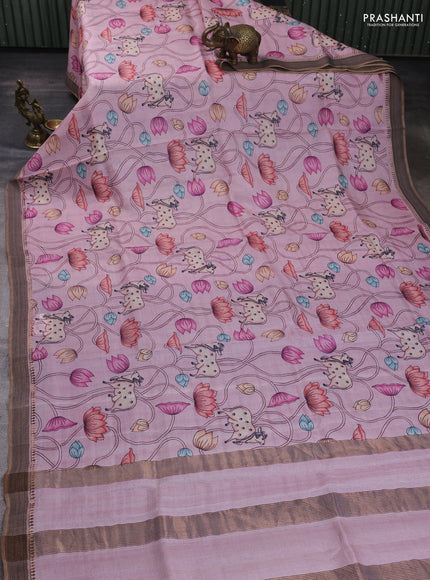 Pure tussar silk saree pastel pink with allover pichwai prints and woven border