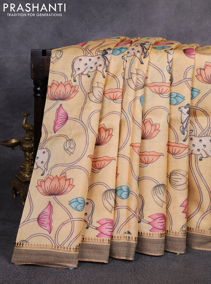Pure tussar silk saree yellow with allover pichwai prints and woven border