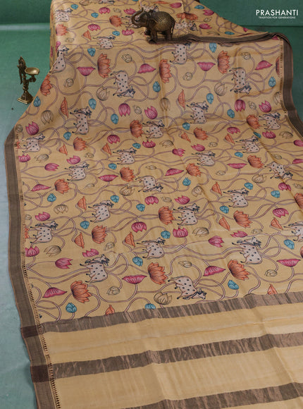 Pure tussar silk saree yellow with allover pichwai prints and woven border