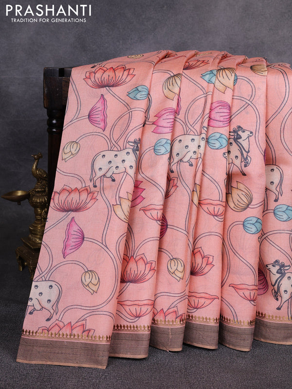 Pure tussar silk saree peach orange with allover pichwai prints and woven border