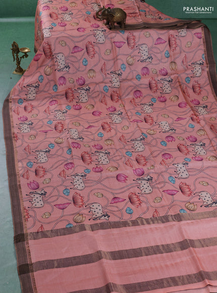 Pure tussar silk saree peach orange with allover pichwai prints and woven border
