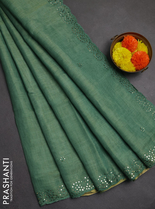 Art linen saree green with embroidery mirror work buttas and convent embroidery pallu