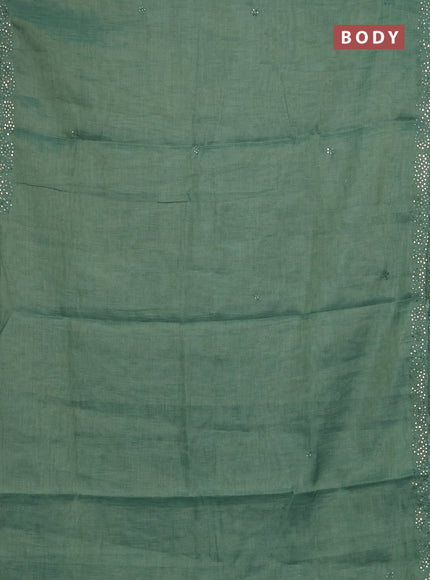 Art linen saree green with embroidery mirror work buttas and convent embroidery pallu