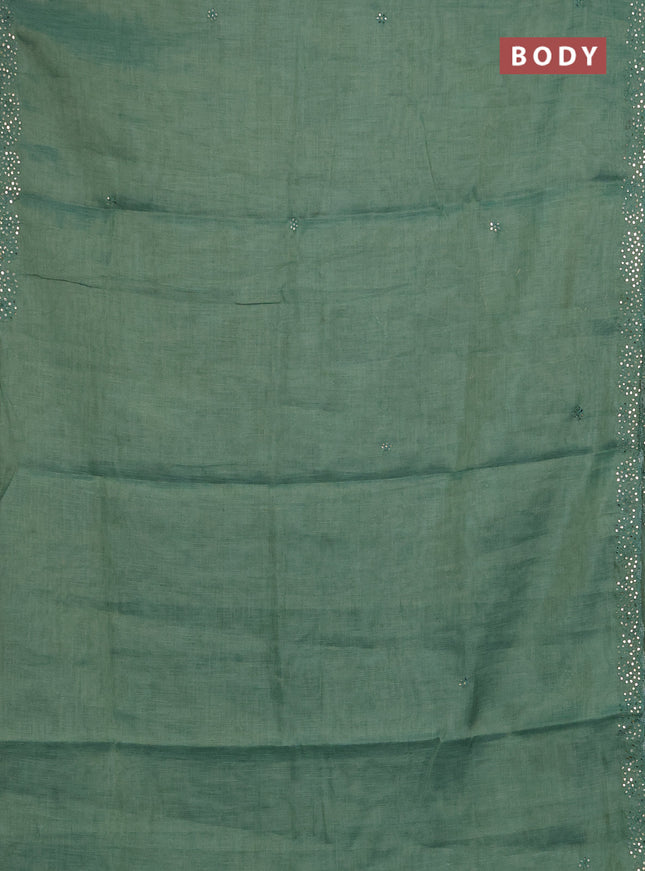 Art linen saree green with embroidery mirror work buttas and convent embroidery pallu
