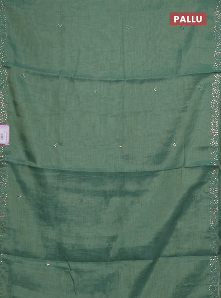 Art linen saree green with embroidery mirror work buttas and convent embroidery pallu