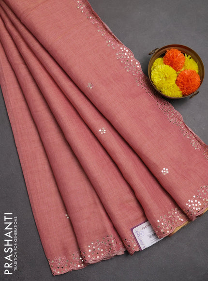 Art linen saree peach pink with embroidery mirror work buttas and convent embroidery pallu