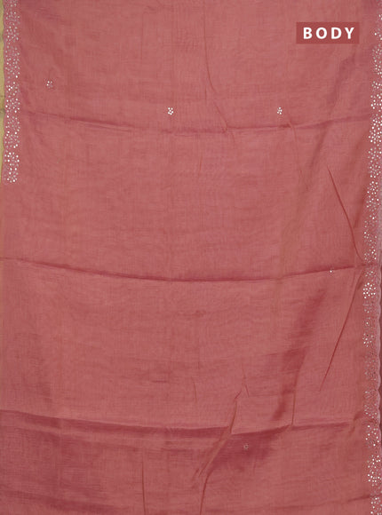 Art linen saree peach pink with embroidery mirror work buttas and convent embroidery pallu