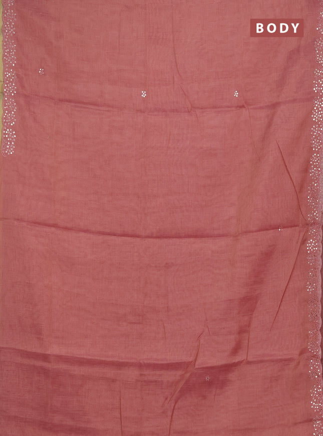 Art linen saree peach pink with embroidery mirror work buttas and convent embroidery pallu