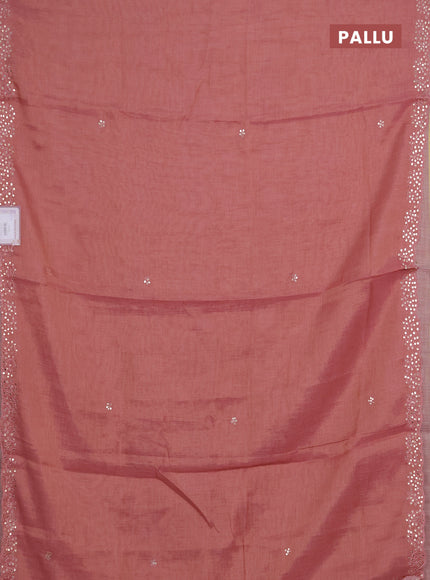 Art linen saree peach pink with embroidery mirror work buttas and convent embroidery pallu