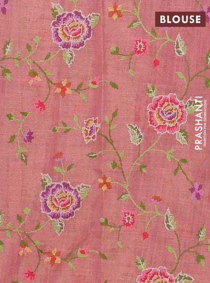 Art linen saree peach pink with embroidery mirror work buttas and convent embroidery pallu