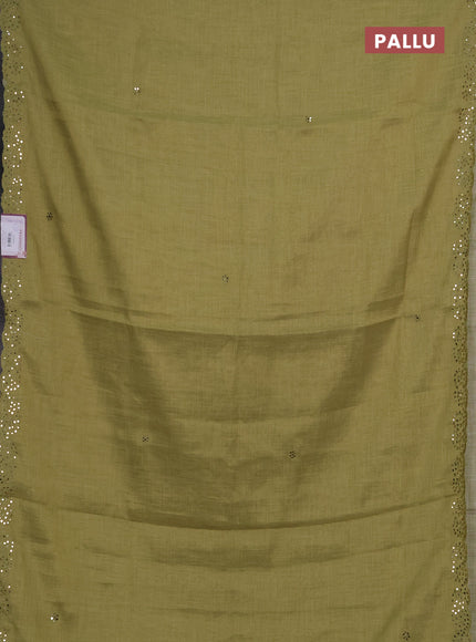 Art linen saree light green with embroidery mirror work buttas and convent embroidery pallu