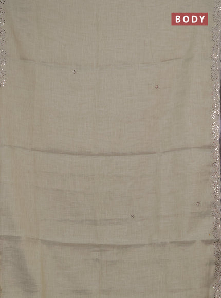 Art linen saree beige with embroidery mirror work buttas and convent embroidery pallu