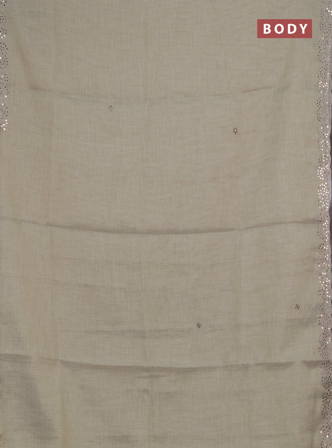 Art linen saree beige with embroidery mirror work buttas and convent embroidery pallu
