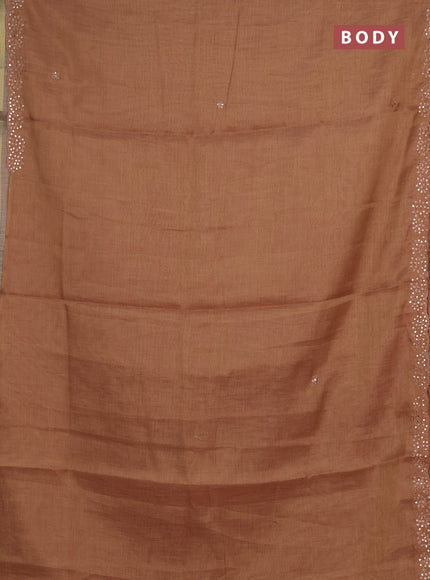 Art linen saree rust shade with embroidery mirror work buttas and convent embroidery pallu