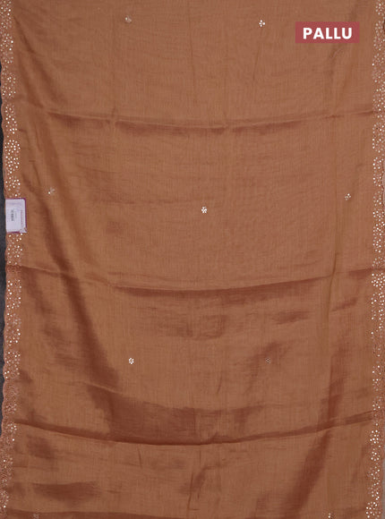 Art linen saree rust shade with embroidery mirror work buttas and convent embroidery pallu