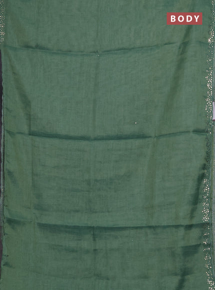 Art linen saree green with embroidery mirror work buttas and convent embroidery pallu