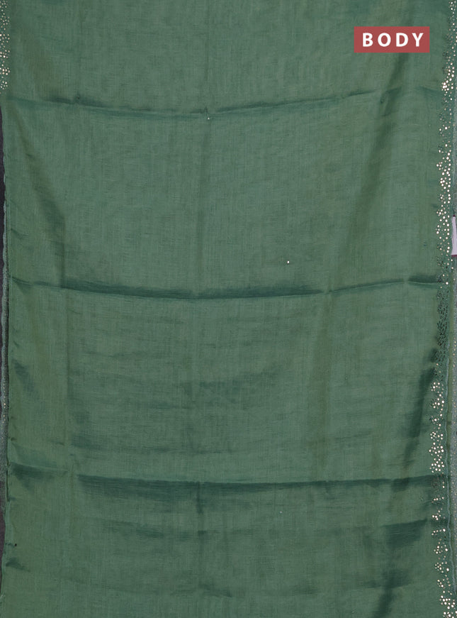 Art linen saree green with embroidery mirror work buttas and convent embroidery pallu