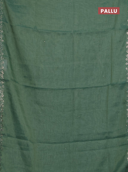 Art linen saree green with embroidery mirror work buttas and convent embroidery pallu