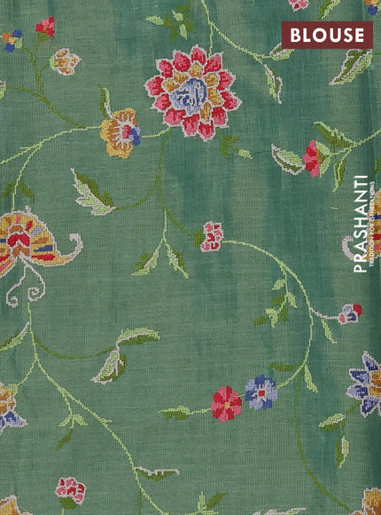 Art linen saree green with embroidery mirror work buttas and convent embroidery pallu