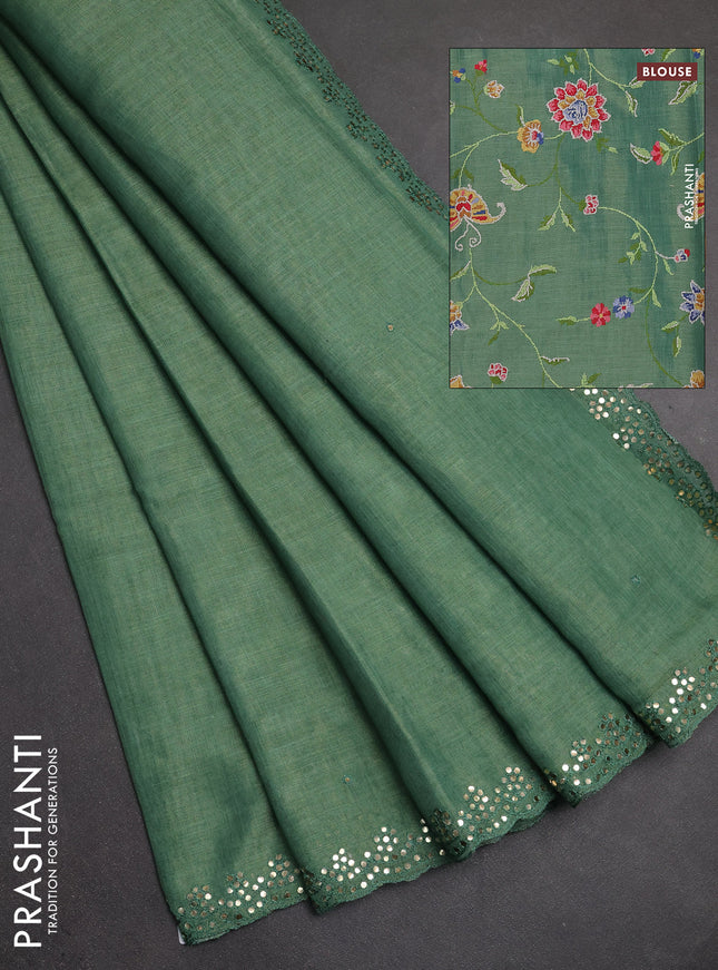 Art linen saree green with embroidery mirror work buttas and convent embroidery pallu