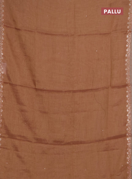 Art linen saree rust shade with embroidery mirror work buttas and convent embroidery pallu