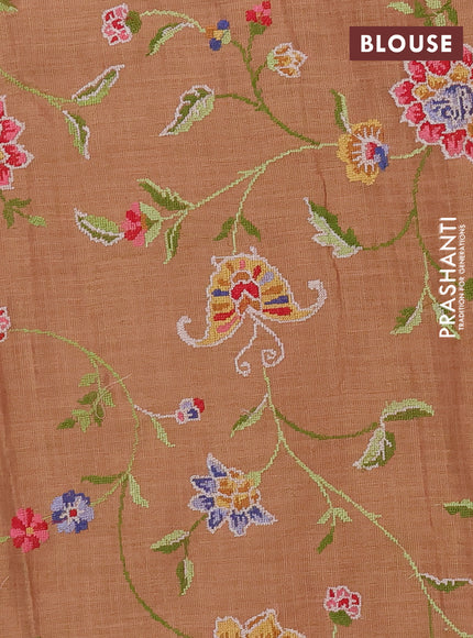 Art linen saree rust shade with embroidery mirror work buttas and convent embroidery pallu