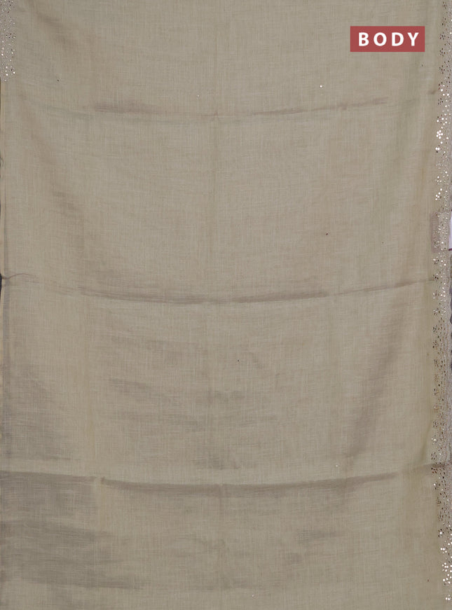 Art linen saree beige with embroidery mirror work buttas and convent embroidery pallu