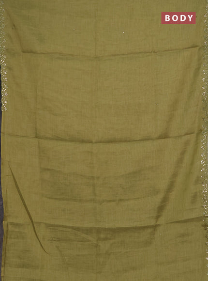 Art linen saree light green with embroidery mirror work buttas and convent embroidery pallu