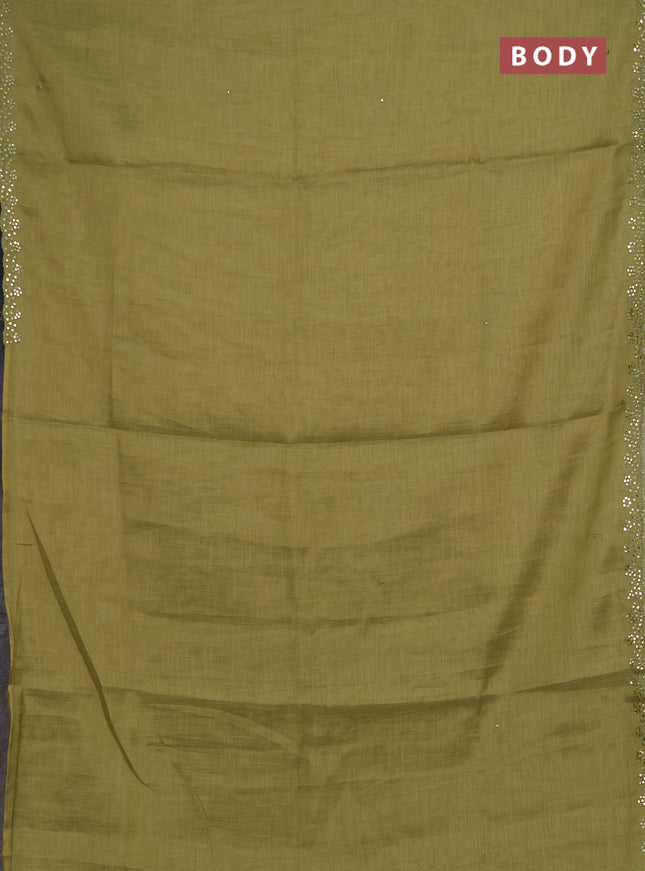 Art linen saree light green with embroidery mirror work buttas and convent embroidery pallu