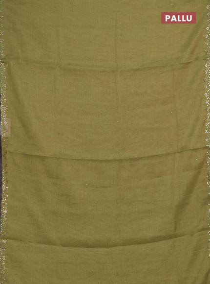 Art linen saree light green with embroidery mirror work buttas and convent embroidery pallu