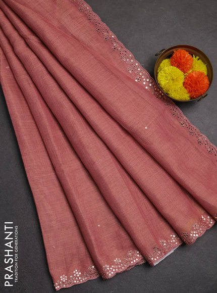 Art linen saree peach pink with embroidery mirror work buttas and convent embroidery pallu