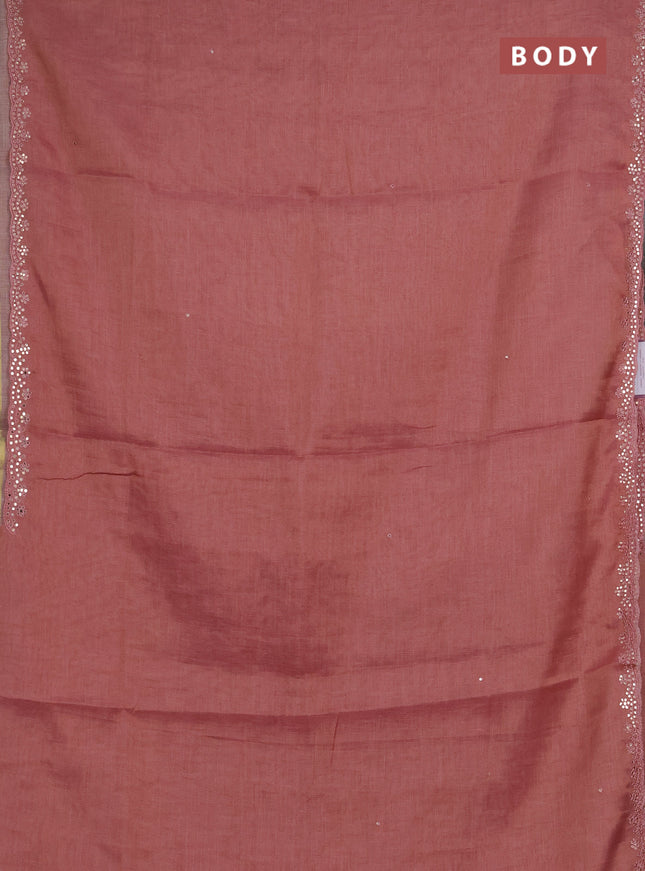 Art linen saree peach pink with embroidery mirror work buttas and convent embroidery pallu