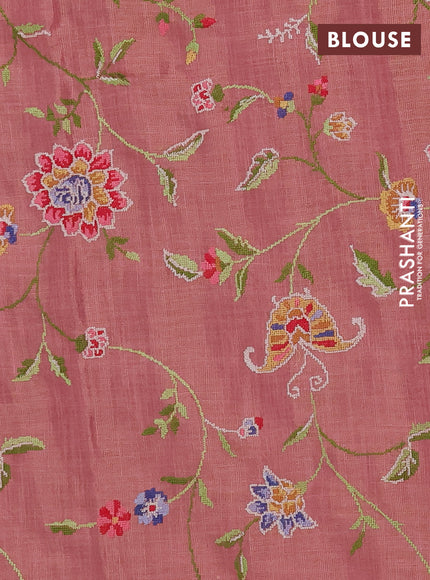 Art linen saree peach pink with embroidery mirror work buttas and convent embroidery pallu