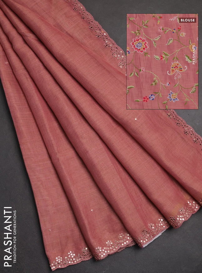 Art linen saree peach pink with embroidery mirror work buttas and convent embroidery pallu