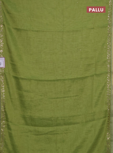 Art linen saree light green with embroidery mirror work buttas and convent embroidery pallu