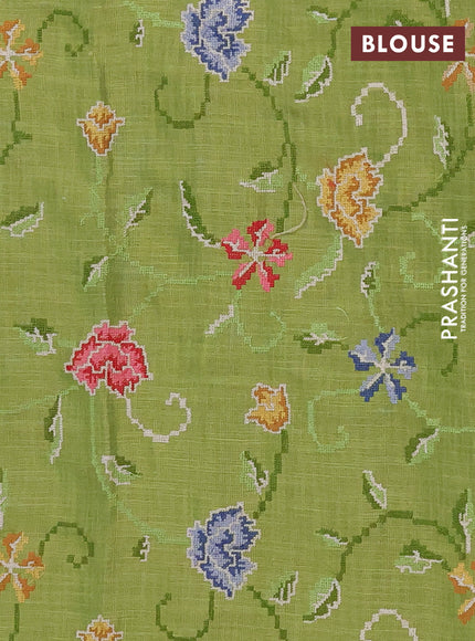 Art linen saree light green with embroidery mirror work buttas and convent embroidery pallu