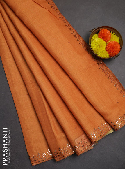Art linen saree orange with embroidery mirror work buttas and convent embroidery pallu