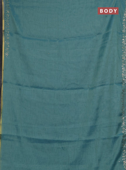 Art linen saree teal blue with embroidery mirror work buttas and convent embroidery pallu