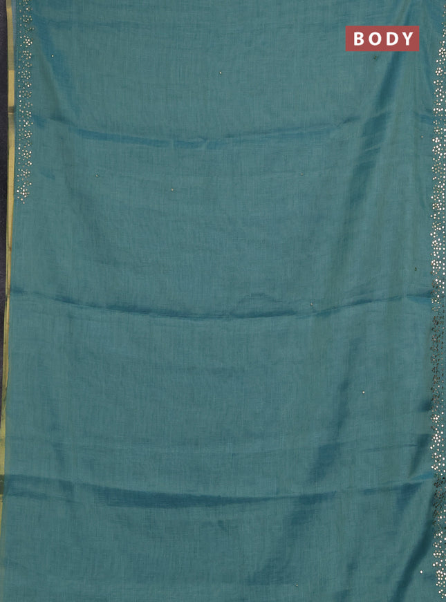 Art linen saree teal blue with embroidery mirror work buttas and convent embroidery pallu