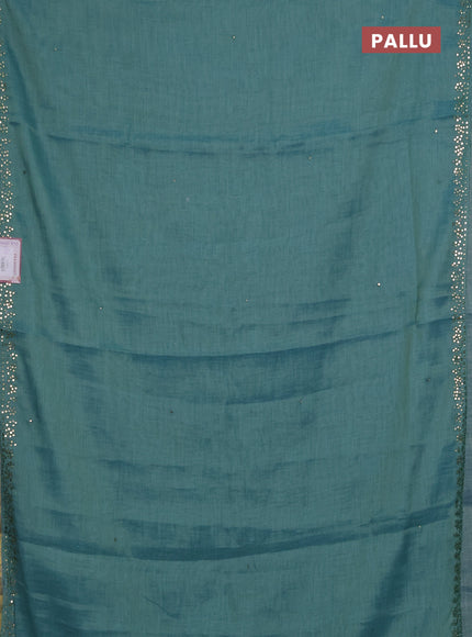 Art linen saree teal blue with embroidery mirror work buttas and convent embroidery pallu